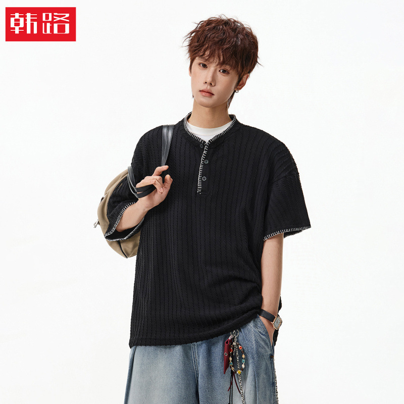 American Retro Henry Collar Knitted Breathable Short-Sleeved T-Shirt for Men, Summer Thin Style with Contrasting Color Hand-Stitched Casual T-Shirt Q