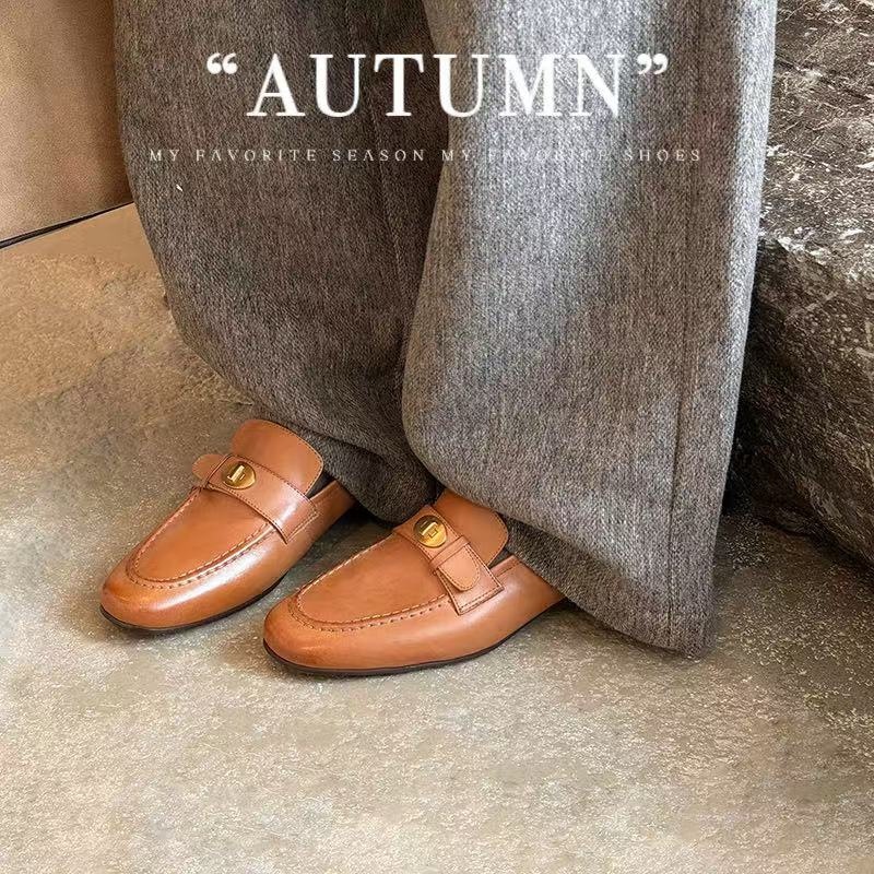 Giày loafer nữ da bò mũi sâu gót vuông thấp phong cách Anh Quốc — màu nâu chi tiết 1
