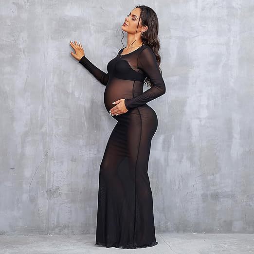 European and American Women's Wear Perspective High-elastic Net Crewneck Slim-fit Pregnant Women's Portrait Cross-border Photography Mopping dress 1245