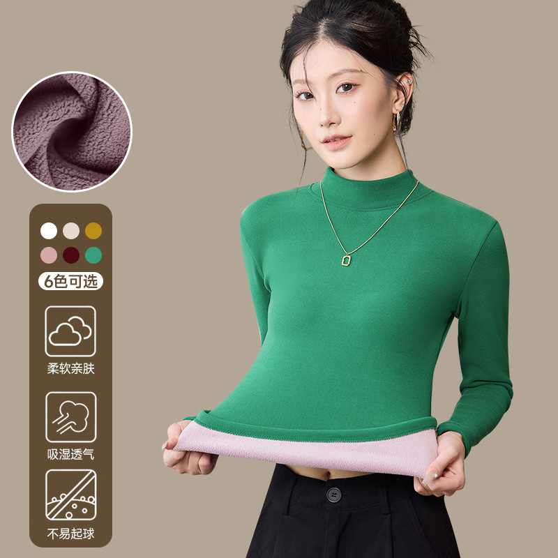Fleece-Lined Thick Base Shirt for Women, 2025 Autumn and Winter New Style, Half-High Collar, Ollie Fleece, Warm Long-Sleeve Shirt for Layering