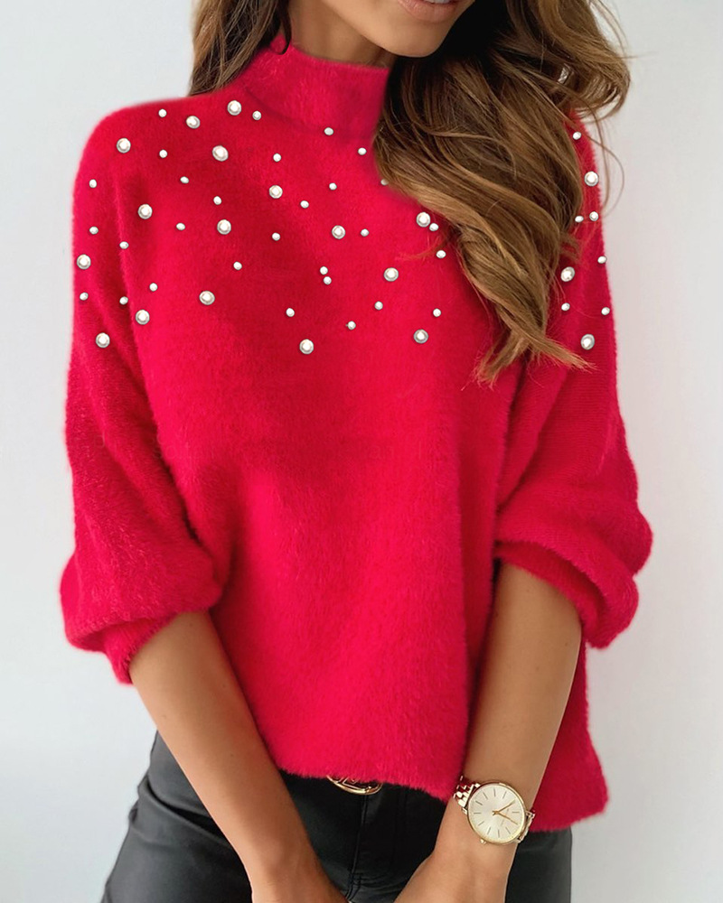 Women's Beaded High Collar Long Sleeve Sweater For Autumn Style_voghion.com