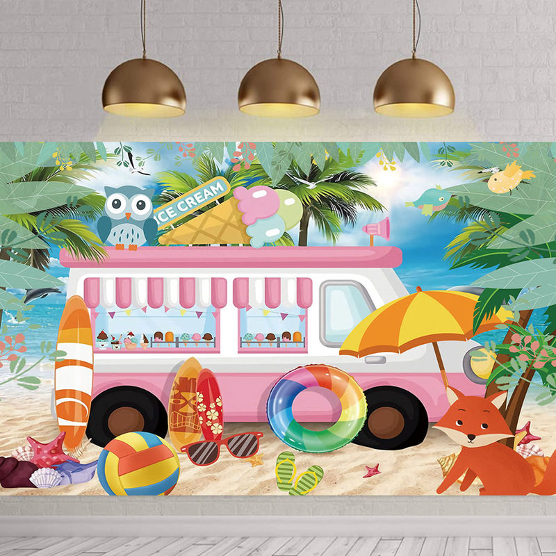 New Hawaiian Beach Surfing Birthday Banner Decoration Props Amazon Ice Cream Rv Background Cloth Photography