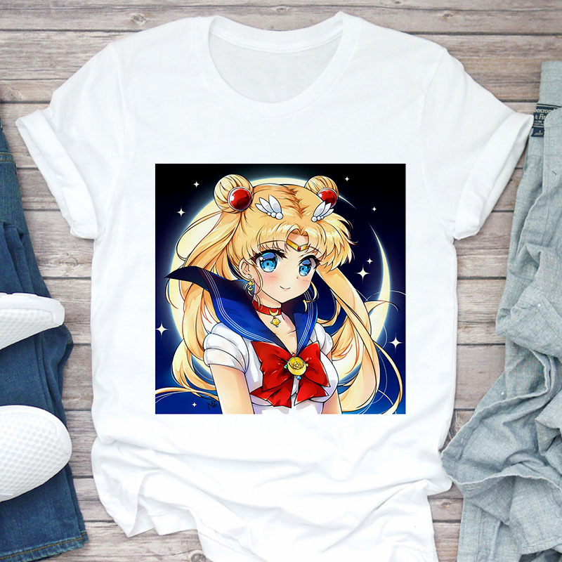 Youth pretty girl warrior represents moon pattern printed white T-shirt short sleeve women's clothing foreign trade cross-border wish/ebay