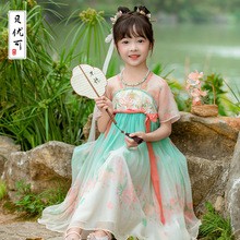 2024年夏款新品女童连衣裙长裙中国风古风古装汉服龙刺绣短袖裙子