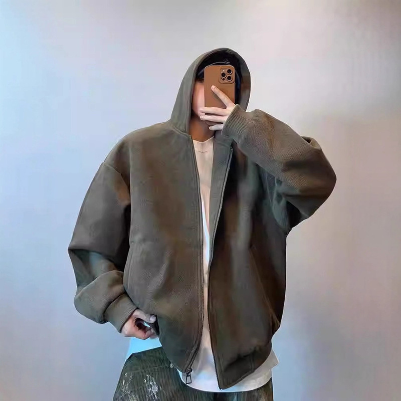 Spring and Autumn American Retro Pure Color Hooded Woolen Jacket for Men and Women Casual Loose Fashion Jacket Sweatshirt Men's Trendy Brand