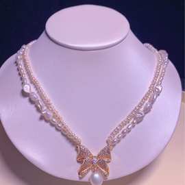 淡水珍珠双层蝴蝶结项链4-9大小珠混搭巴洛克小众时尚个性气质女