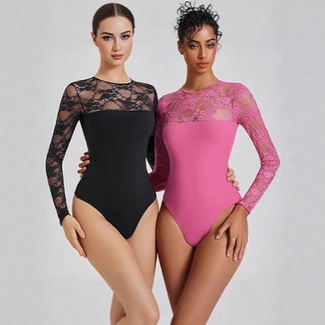 Amazon Tk Cross-Border Lace Long-Sleeved Jumpsuit Women's Round Neck Slim Outing Top Concert Date Night Wear