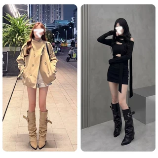 韩版皮带扣长筒靴女秋季新款黑色粗跟高跟圆头显腿直裤管靴堆堆靴