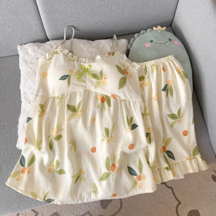 Venta al por mayor transfronteriza de algodón de nube de verano de gran tamaño gordos MM pijamas de cabestrillo para mujer con almohadilla para el pecho de dos piezas
