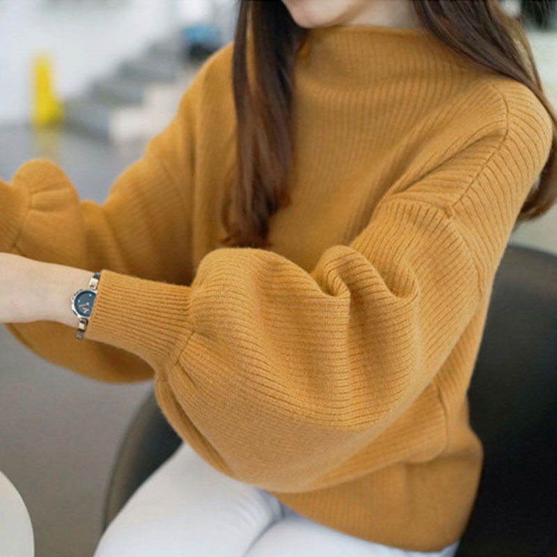 纯色毛衣女灯笼袖春秋新款宽松外穿针织衫秋冬打底衫女小个子上衣