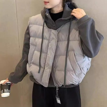 欧货新款下摆抽绳两件套叠穿加绒连帽卫衣秋冬款羽绒棉服马甲外套