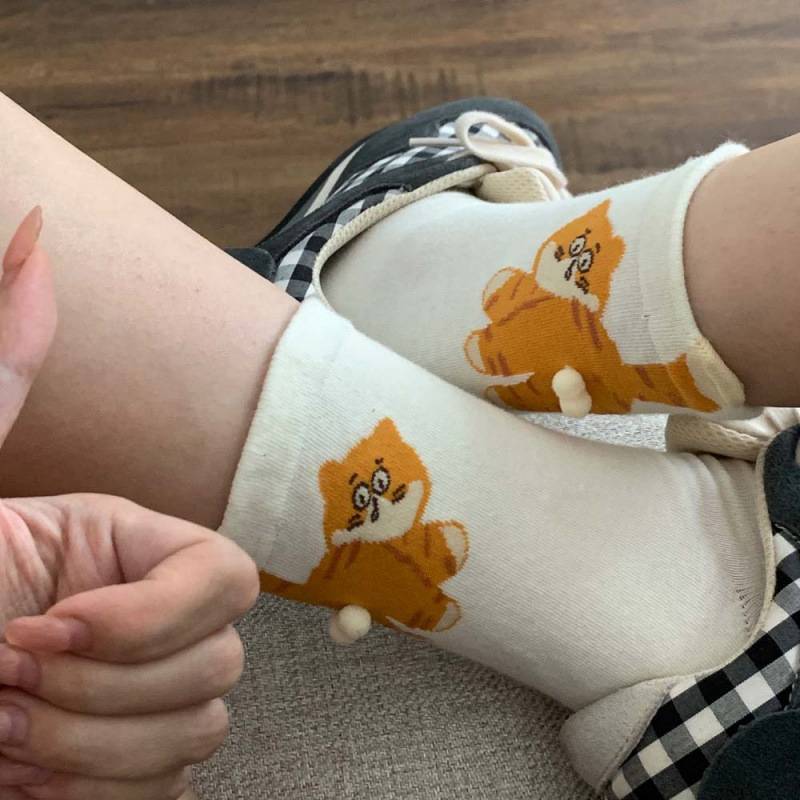 象趣岛猫蛋蛋搞怪女袜搞怪立体毛球精梳棉女袜无骨缝头|undefined