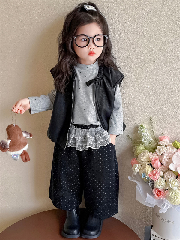 女童秋装套装2025新款女宝宝秋季洋气时髦打底衫韩版皮马甲三件套|undefined