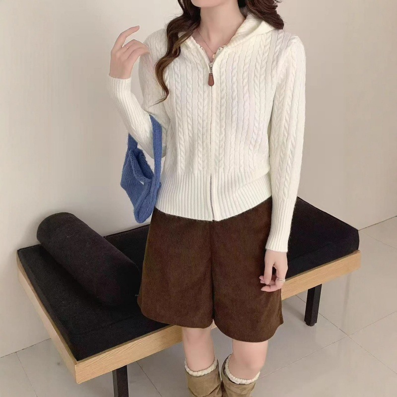 韩系麻花连帽针织毛衣外套女秋冬新款收腰显瘦甜美双拉链针织开衫