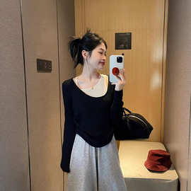 大码假两件胖mm穿搭慵懒风显瘦女装拼接撞色小众设计感针织上衣潮