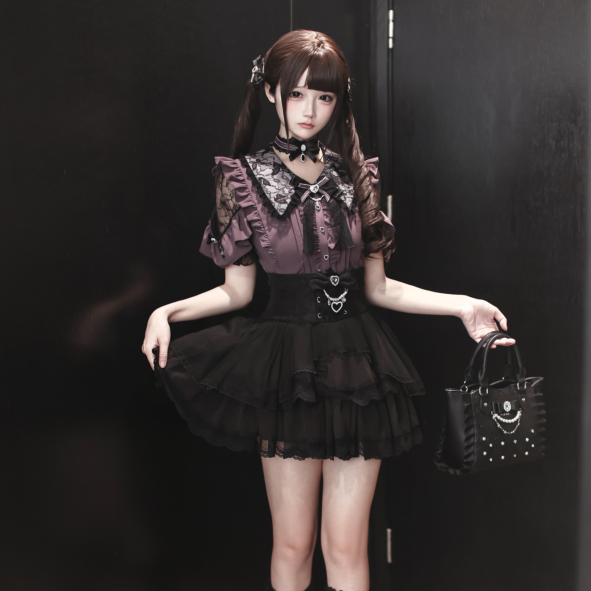 Dreamy Love Song Japanese Subculture Sweet Girl Lace Patchwork Short-Sleeve Shirt + High-Waisted Slimming Skirt Set
