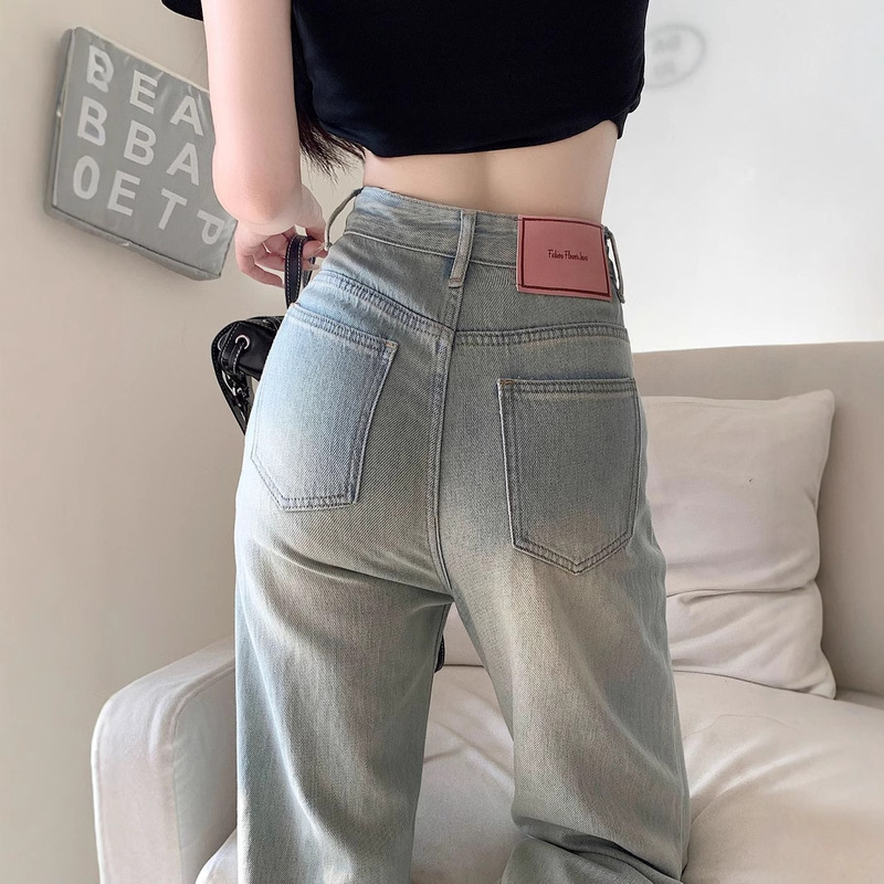 Pink Brand High Waist Straight Jeans Women's Spring and Autumn New Arrival light blue Hong Kong Style Dipped Loose Slimming Wide Leg Pants Ins
