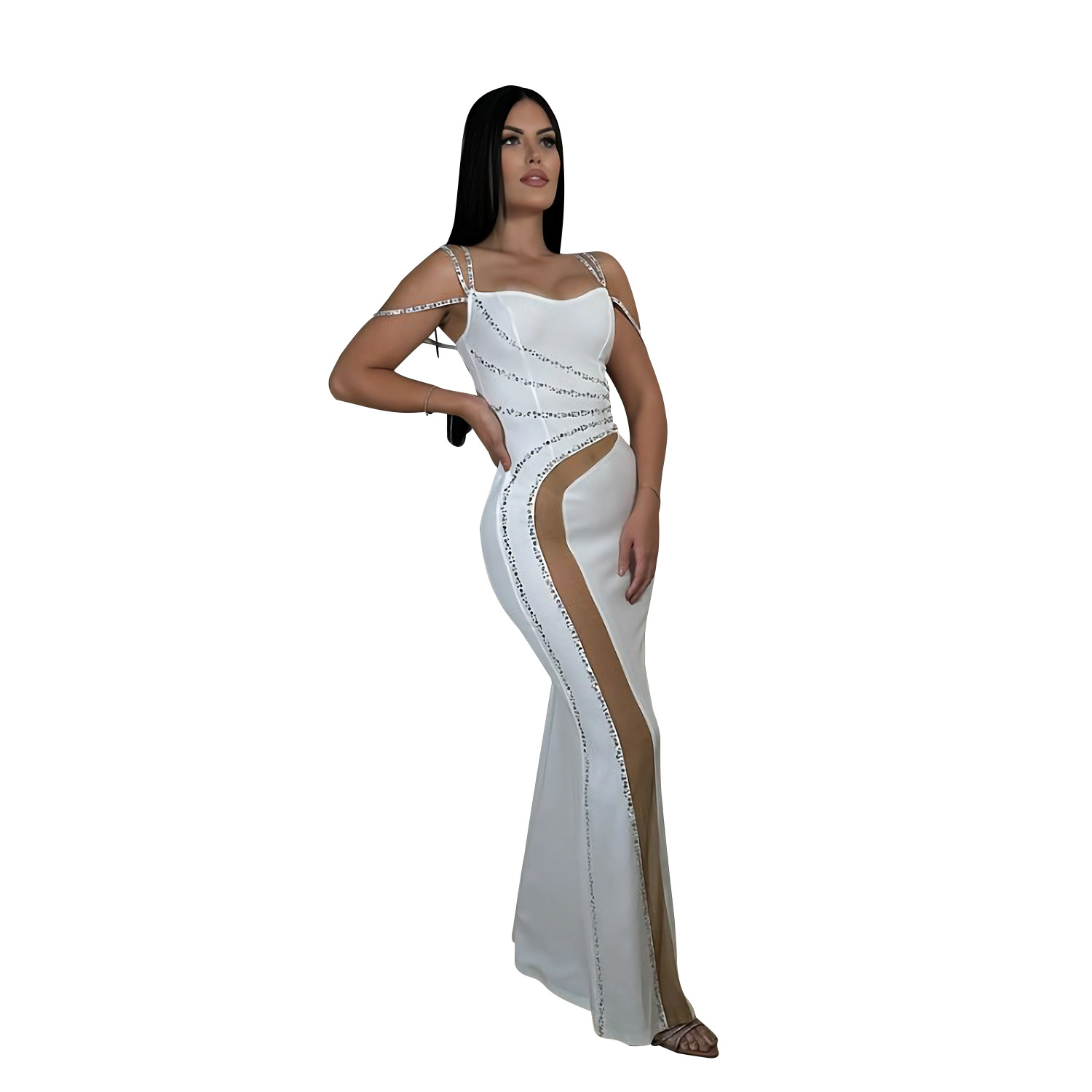 C7027 Cross-border AliExpress Amazon Estación independiente Moda europea y americana Vestido de malla de color sólido de diamantes calientes para mujer Nuevo image 9