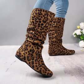 2023新款豹纹平跟圆头侧拉链中筒靴冬季保暖欧美复古大码时装女靴