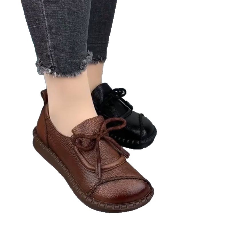 Zapatos de cuero suave con lazos de suela suave para mamá, 2025 otoño nuevos zapatos de cuero pequeños de un pie de mediana edad zapatos de tacones planos cómodos