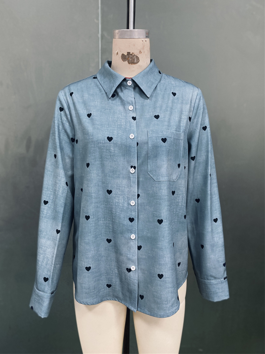 Elegant Long-sleeve Blouse With Polo Collar And Digital Print_voghion.com