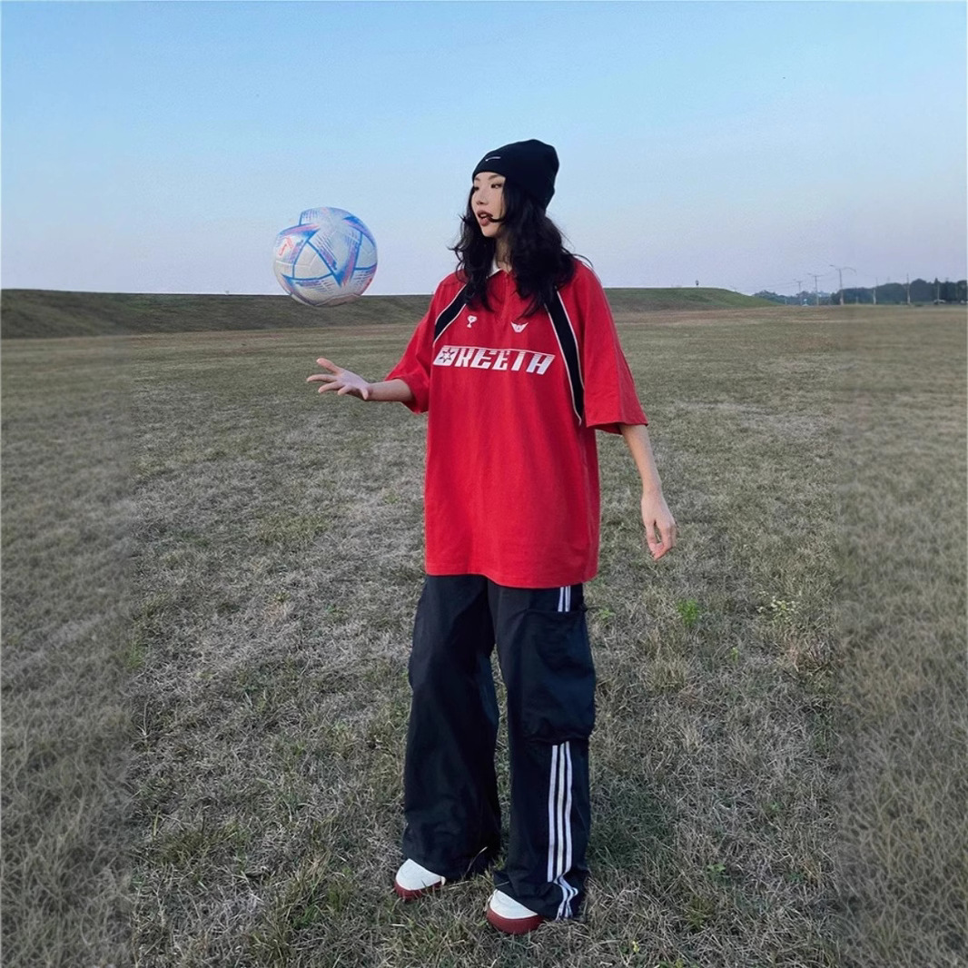 Nueva camisa POLO, solapa, uniforme de fútbol, mangas raglán, camiseta de manga corta, hombres y mujeres, moda nacional, costura estadounidense, contraste de color 2025