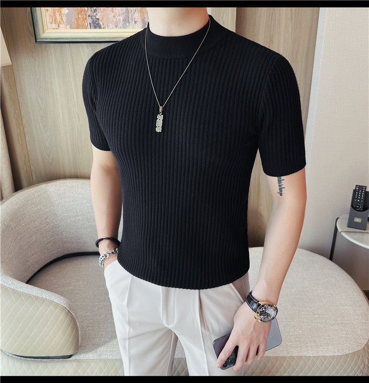 Herren Schwarz Hochgeschlossener Kurzarm Strickpullover Slim Fit_voghion.com