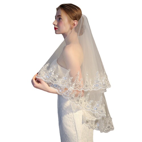Foreign trade new sequined lace veil double layer with hair comb exquisite lace wedding veil bride photo styling veil