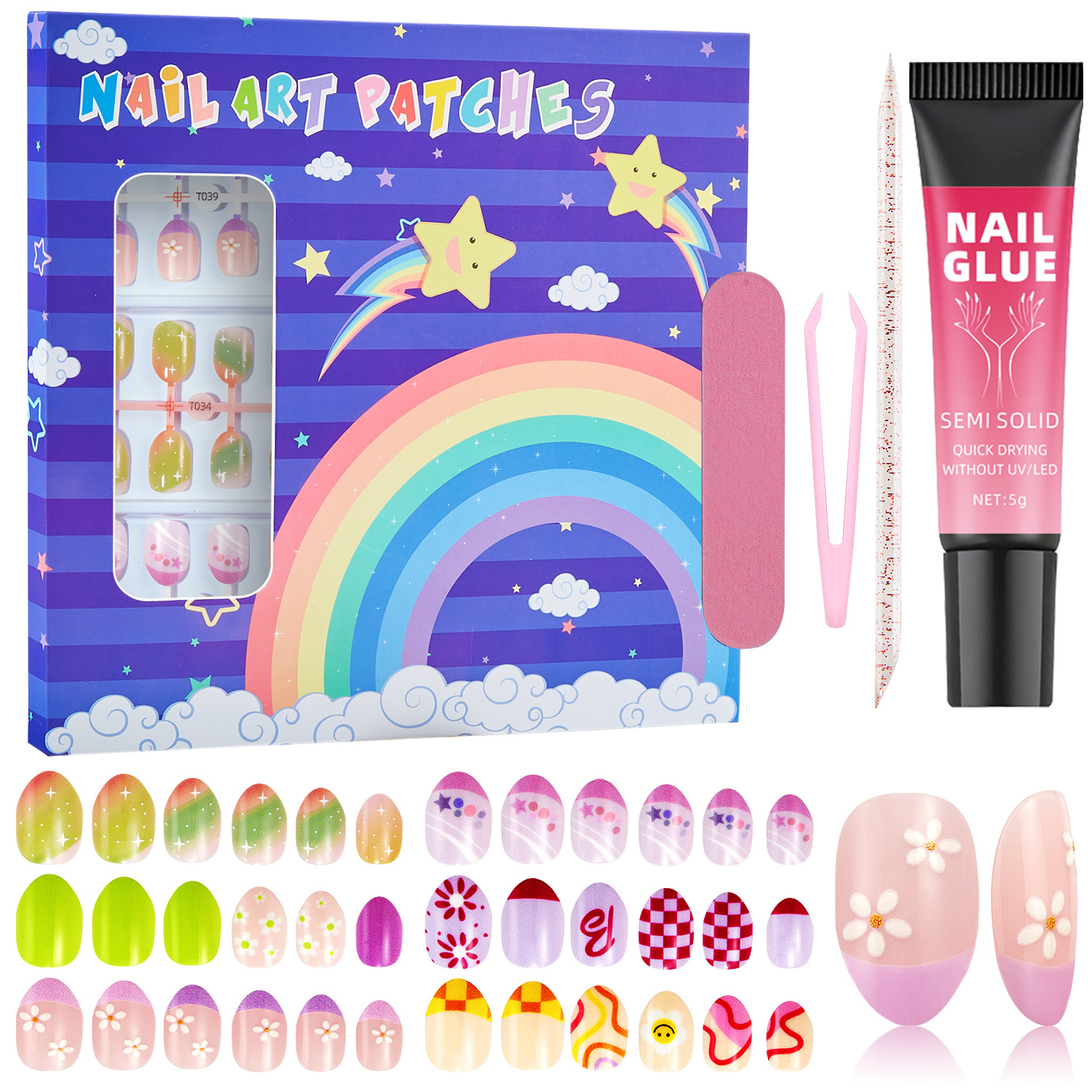 Cross-border children's wearable nail art set wholesale, nail art accessories, handmade nail pieces, glitter French almond nails