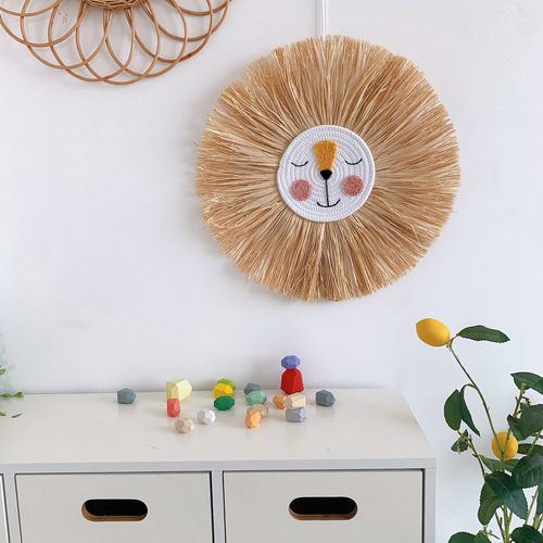 ins decoration Nordic style home children's room decoration pendant raffia woven tiger lion hanging wall decoration
