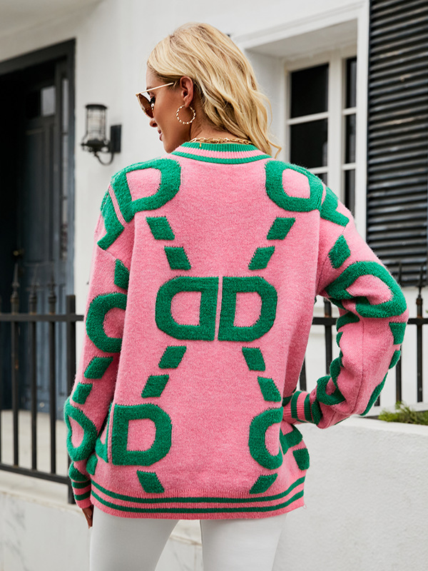 Women's Sweater Contrast Round Neck Loose Fit Casual Pullover_voghion.com
