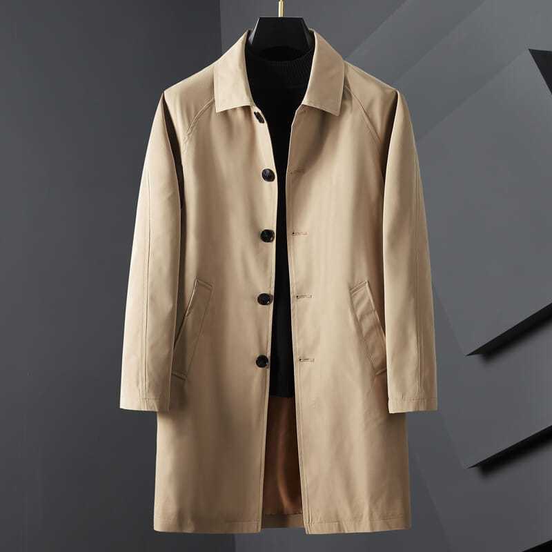Men's Longline Trench Coat, Oversized Hooded Windbreaker With Turn-Down Collar, Cotton-Nylon Blend, Minimalist Design (Beige/Khaki/Black), M-5XL_voghion.com