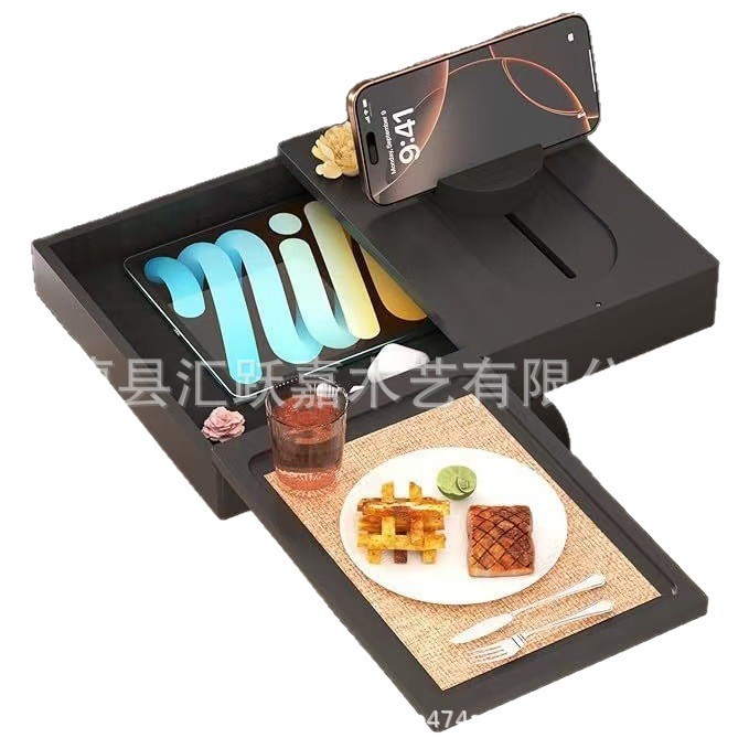 木质沙发扶手托盘双层可旋转懒人食物零食收纳托盘竹木带手机支架|undefined