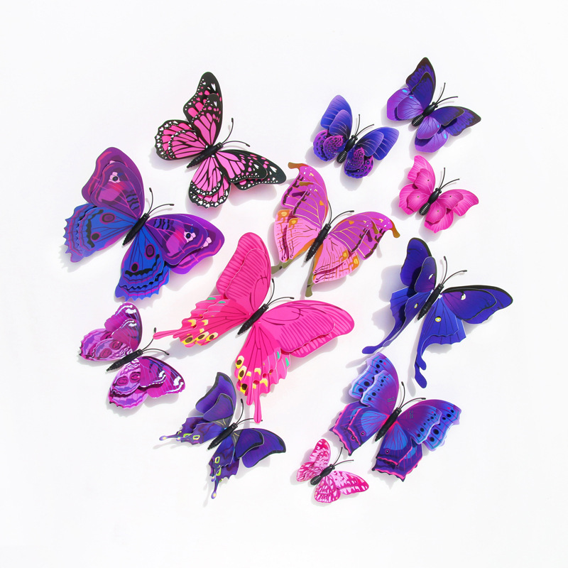 12 sets of purple and red series double-layer three-dimensional color butterfly colorful butterfly wall stickers wholesale H-003 double-layer