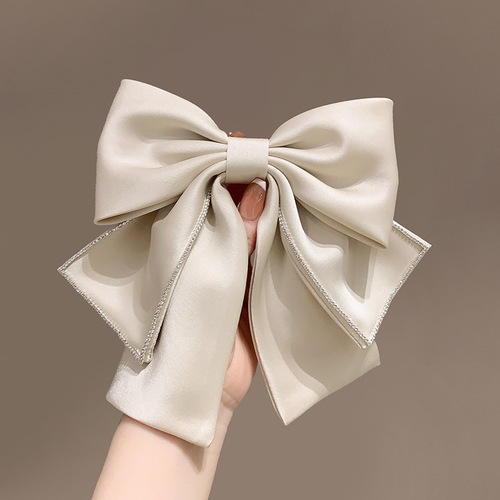 Elegant satin bow hair clip with diamond embellishments, back of head spring clip, stylish French retro hair accessory for women