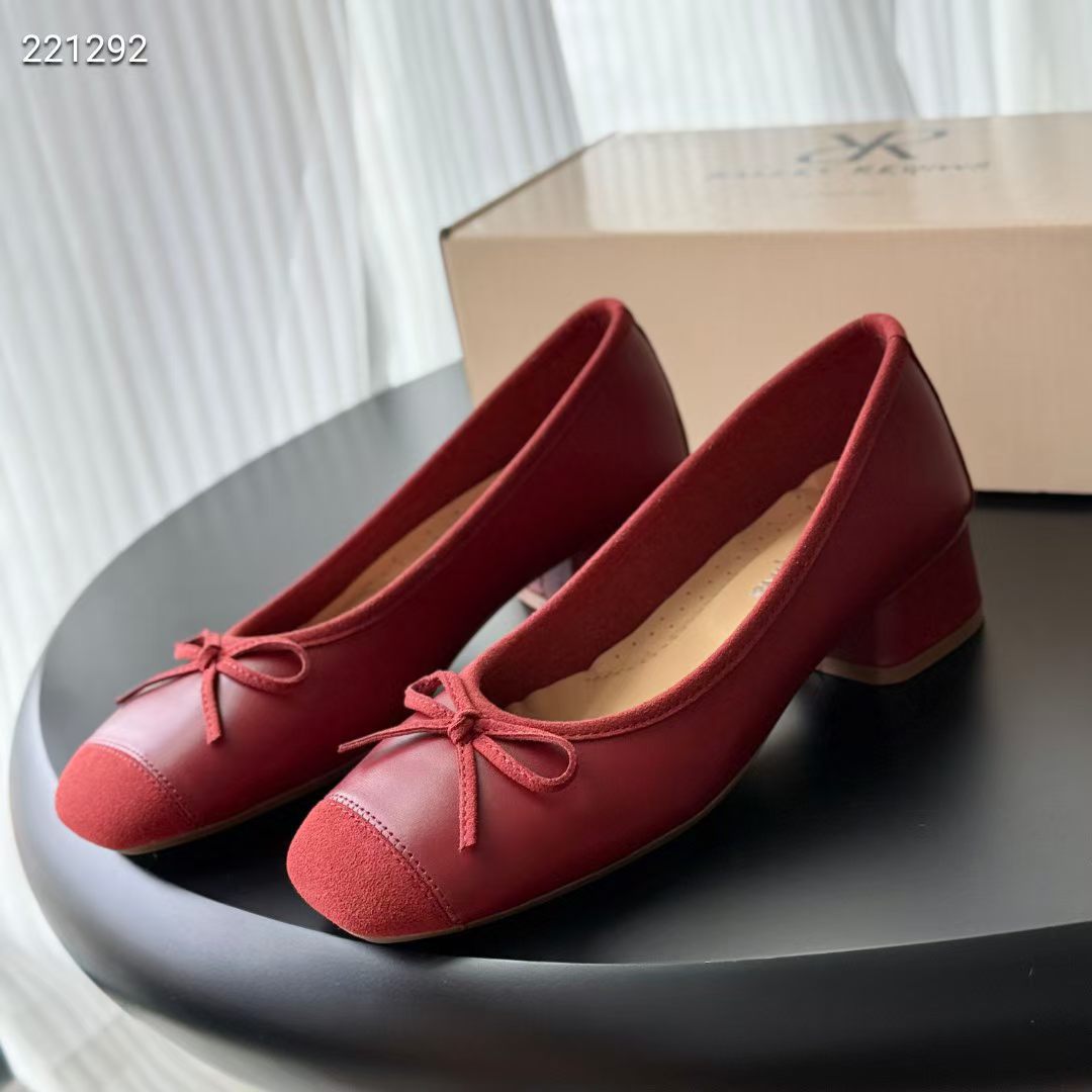 Super Soft Sheepskin Ballet Shallow Cut Mid-Heel Single Shoes, Round Toe, Genuine Leather, Bow Detail, Chunky Heel,_vogvips.com