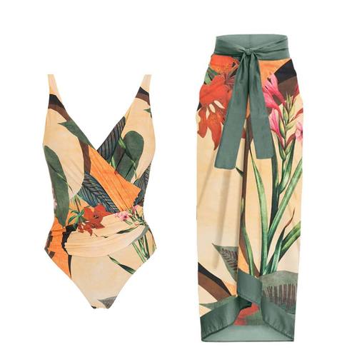 Qiao Jiayuan In Stock 2025 New Arrival European and American Style One-Piece Swimsuit for Women, Conservative Belly-Covering Chiffon Skirt Two-Piece Swimsuit Set