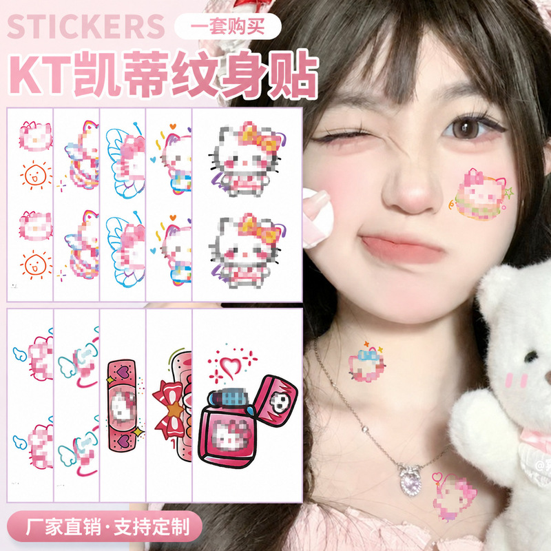 Hello Kitty Tattoo Stickers in Stock, Colorful Lines, Cute and Sweet Cool Girl Style, Long-Lasting Cartoon Kt Cat Tattoo Stickers, Customizable Hello Kitty Tattoo Stickers in Stock, Colorful Lines, Cute and Sweet Cool Girl Style, Long-Lasting Cartoon Kt Cat Tattoo Stickers, Customizable