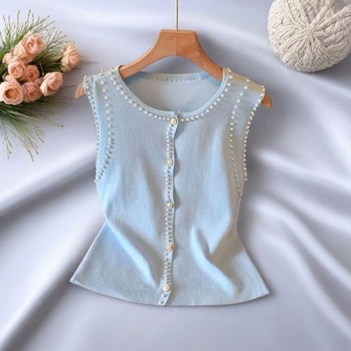 French-style elegant and graceful thin design beaded cardigan vest fashionable sleeveless knit top