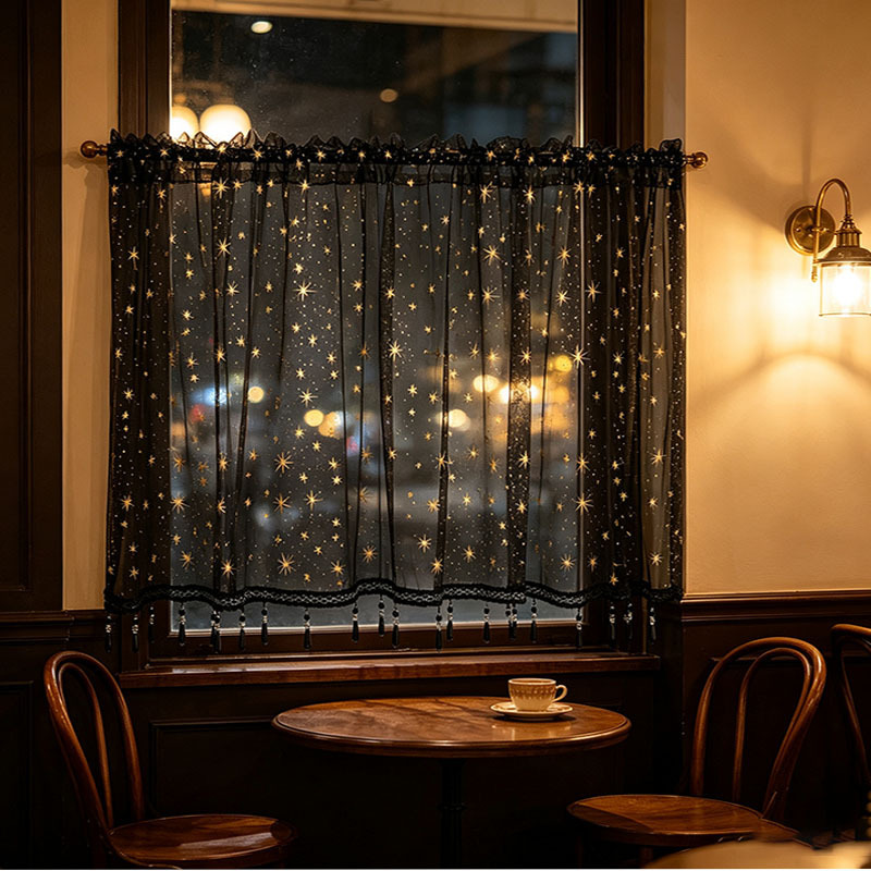 Black gold starburst mesh short curtain with lace trim, beaded tassels, wholesale for bedroom and record room window screens Black gold starburst mesh short curtain with lace trim, beaded tassels, wholesale for bedroom and record room window screens