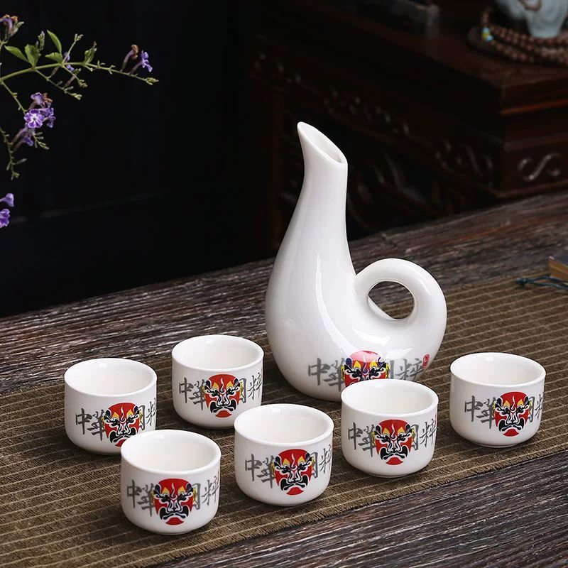 Ceramic wine set, wine decanter, shot glass, wineglass, pocket flask, 9 pieces
