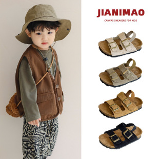 Nubuck Leather Kidsren's Birkenstock Sandals Summer K-style Boys and Girls Open-toe Beach Shoes Wood Bran Bottom Baby Sandals and Slippers Trendy