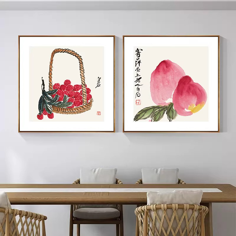 齐白石国画新中式装饰画客厅背景壁画餐厅茶室水墨虾葫芦荷花挂画