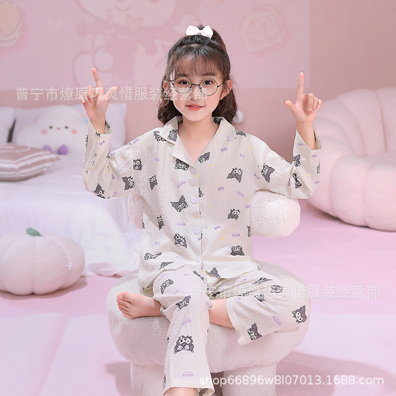 Pijama de niñas primavera y otoño dibujos animados tela espuma de tela delgada manga larga lindo ropa para niños de tamaño medio y grande ropa para el hogar