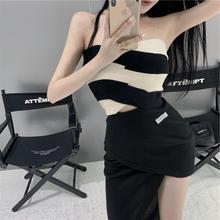 跨境交叉撞色条纹裹胸复古小吊带夏外穿无袖短背心针织女辣妹上衣