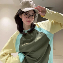 纯棉韩系撞色插肩袖圆领卫衣女2025秋季大码设计感小众情侣上衣潮