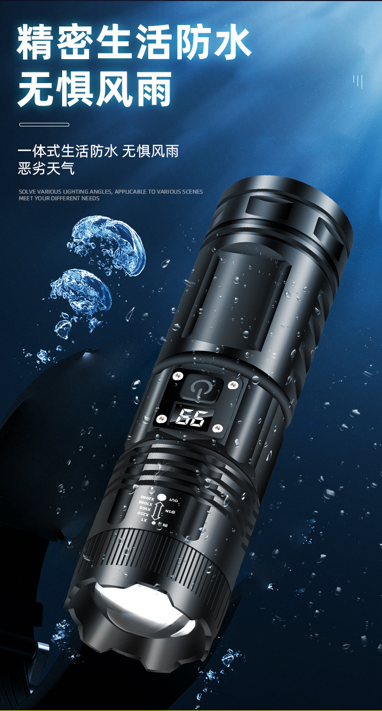New white laser flashlight Type-C charging strong light outdoor zoom super bright long-range light with power display