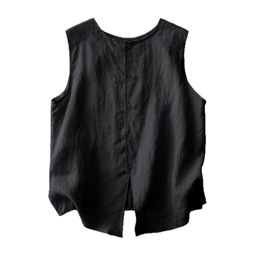 Cotton and linen simple style sleeveless women's summer V-neck top with single button, two-way design, suitable for wearing casually.