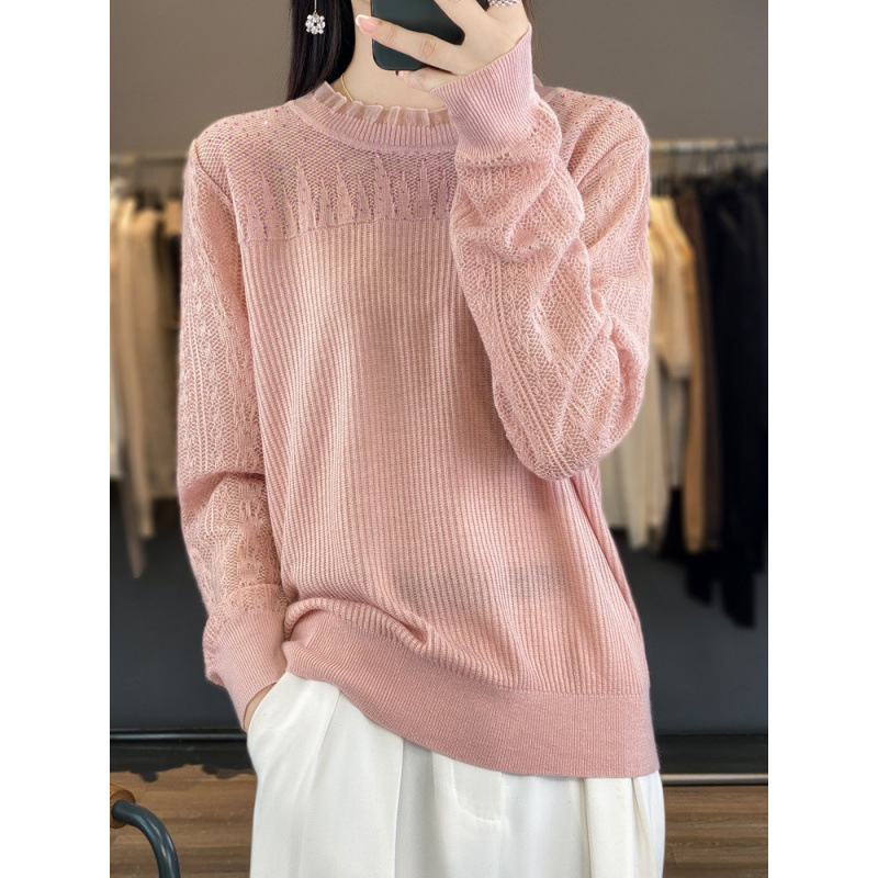 Sweater Women's Spring & Fall New Lace Half Turtleneck Knitted Sweater Loose Large Size Cross-Border Sweater Bottoming Shirt Women's Top