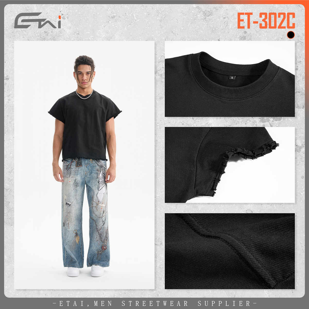 ETAI Hombre| Verano nuevo borde suelto algodón twill boxy camiseta corta ancha marca de moda masculina cuello redondo transfronterizo de color sólido manga corta